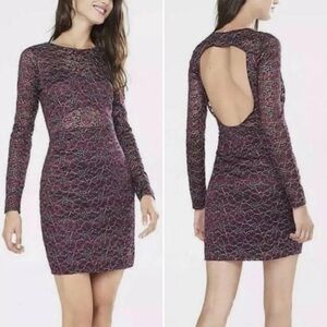 Express Plum Lace Long-Sleeve Open-Back Mini Dress